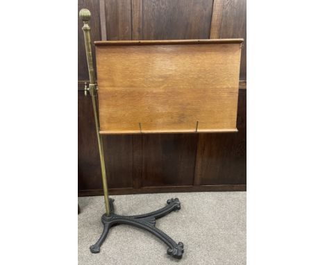 Victorian brass &amp; oak music/book stand on a cast iron base with adjustable ratchet mechanism