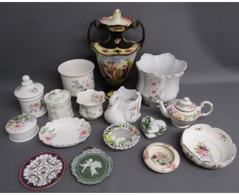 Plant pots, dishes, Paragon teapot, Limoges Romance trinket dish, Denton China basket, Habida &amp; Tara dishes and a part co