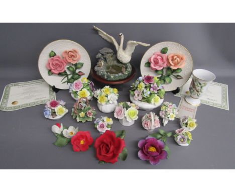 Franklin Mint Roses of Capodimonte plates &amp; York and Lancaster roses, porcelain flower baskets includes Coalport, Royal D
