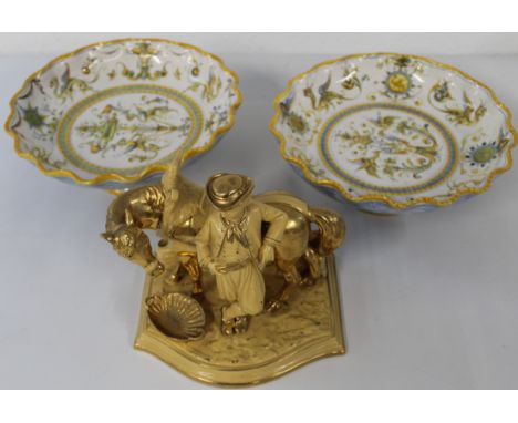 A pair of Cantagalli style majolica cake stands / fruit bowls and a Eichwald yellow ware majolica pipe holder featuring a boy