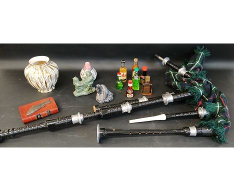 Set of modern bagpipes (some pieces missing), Arthur Wood vase and one other, selection of miniature spirits, Original Book W