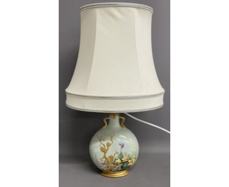 Late Victorian hand decorated &amp; gilded moon flask vase converted to a lamp singed H Cooper Queens Institute Dublin (forme