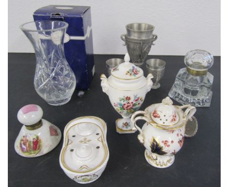 Large moulded glass inkwell, small ceramic inkwell, Spode inkstand, pewter goblet and cups, Royal Doulton cut glass vase and 