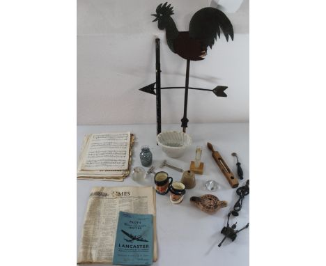 Cockerel weathervane, ceramic jelly mould plus other pieces, Royal Doulton Mr Micawber and Beefeater jugs, Roman style oil la