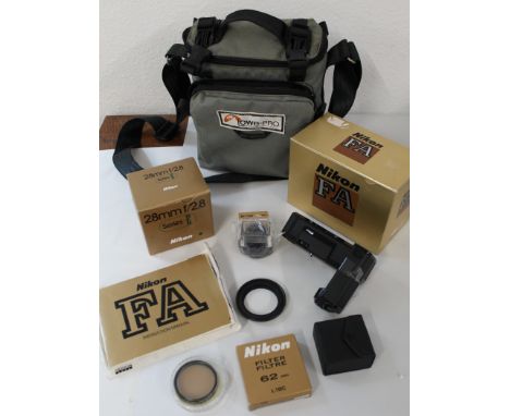 Nikon Camera equipment including Nikon FA Camera body (boxed), Nikon 28mm F2,8 AIS lens (boxed), Nikon MD-15 Motor drive,&nbs