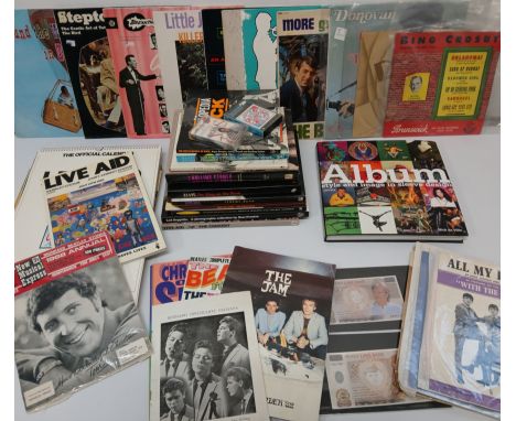Selection of books on pop groups / musicians including The Rolling Stones, Nirvana, Elvis, Led Zeppelin, LIve Aid programme /
