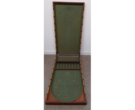 Large Victorian mahogany folding bagatelle board, 63cm w x 242cm open