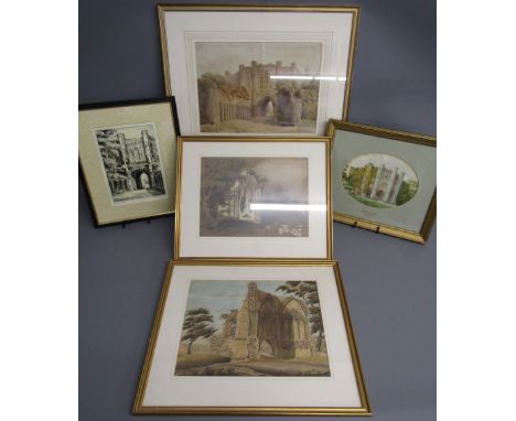 5 Thornton Abbey original pictures - Watercolour of the Chapter House Ruins unsigned - 'Thornton college' pencil and wash dra