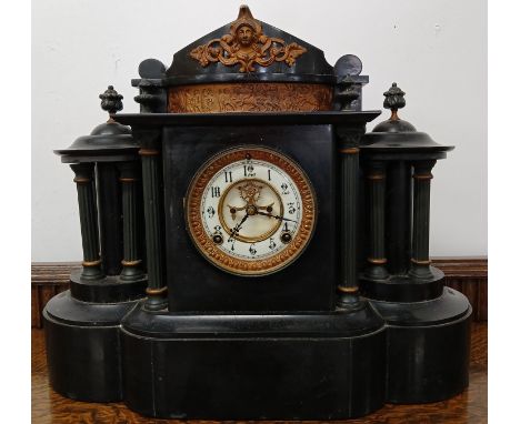 Large slate mantel clock with Ansonia movement. 48cm w x 39cm h (lacking pendulum)