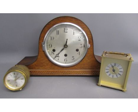 3 clocks - Swiza brass barrel shape, Hechinger West German quartz carriage and Foreign wooden mantel clock