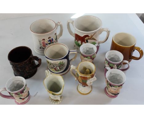 6 Satyr wine cups, 5 x Staffordshire style mugs