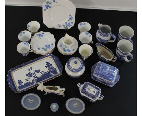 Selection of ceramics including Colclough Longton, milk jug, 7 side plates, 6 saucers, 6 cups, large plate Wedgwood small pla