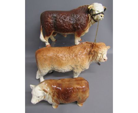 3 butchers advertising bulls - largest with lead chain missing nose ring approx. 45cm - Melba ware medium bull missing nose r