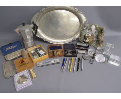 Large Art Deco silver-plate tray Clare Craft pottery plaque, stove top coffee maker, travel chess set, draughtmans set, cryst
