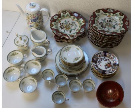 Mixed selection of ceramics including 12 Masons Ironstone plates and 4 shaped bowls, selection of Japanese RC Noritake cups, 