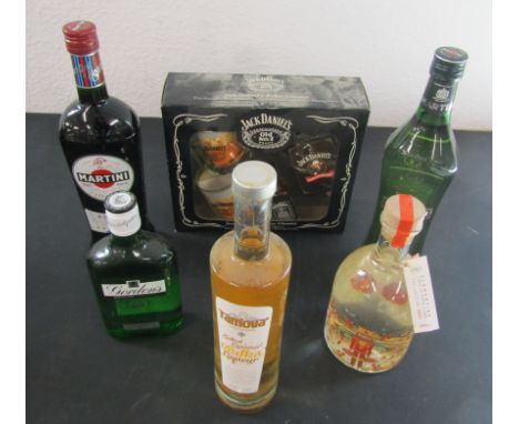 Collection of spirits, including Martini, Martini Rosso, salted caramel vodka, clementine gin, Gordons gin and a Jack Daniels