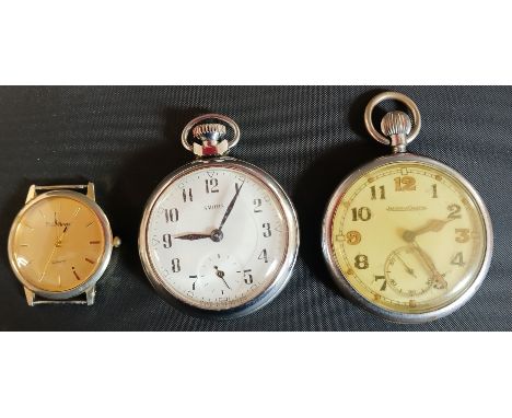 Military issue Jaeger Le Coultre open face crown wind watch with 4.5cm dial, subsidiary seconds dial, flourescent 3, 6, 9 and