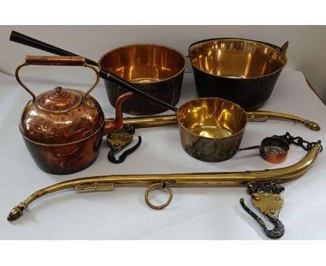 Pair of brass horse hames, copper kettle, 2 brass pans, brass jam pan &amp; small copper pan