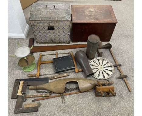Victorian dome top trunk, wooden box, milk maids yoke (some woodworm), old tools, grill cover etc