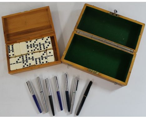 Wooden box of dominoes (28 pieces) and a locking lined wooden box and 7 Parker fountain pens