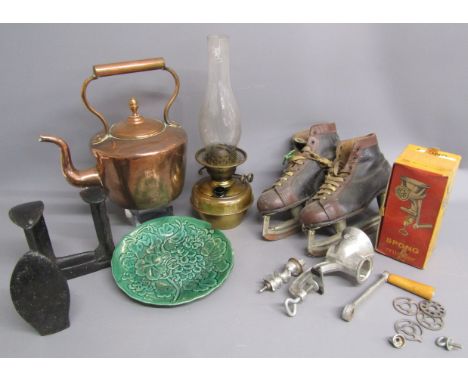 Puckmaster ice skates, Stubburette by Stubbs &amp; Bert label to inner, Spong mincer, oil lamp, copper kettle, shoe last and 