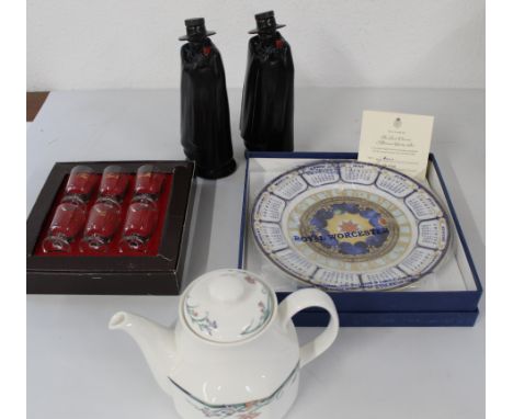 Tia Maria glass set, Royal Doulton Jung Tea pot, Royal Worcester Millennium Calendar plate, 2 x Royal Doulton decanters