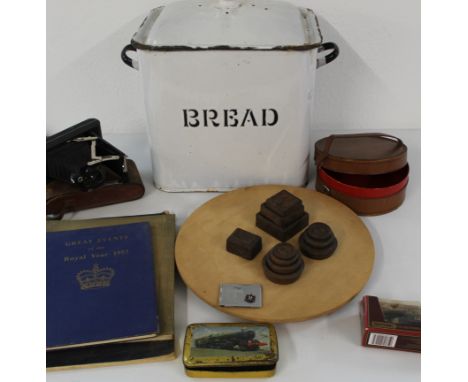 White enamel bread bin, leather collar box, model lorry, 11 x scale weights round and square, 3 x souvenir Coronation books, 