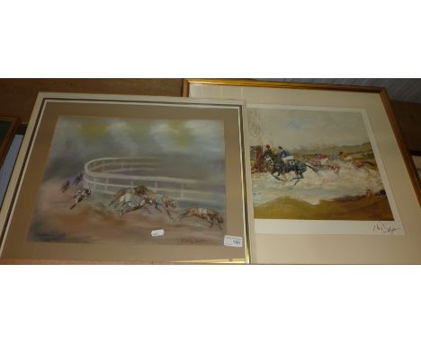 Framed pastel sketch entitled 'Flying Dust' and a framed horse racing print