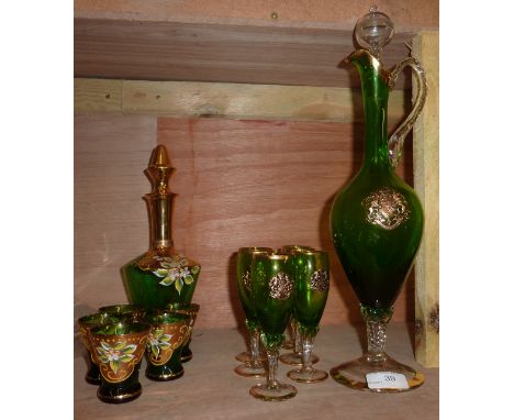 Venetian decanter, spy glasses with hand painted and gilt decoration, green urn shaped decanter and 6 glasses with embossed g