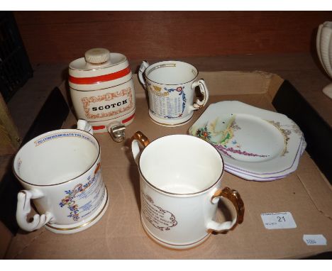 3 Shelley plates, 3 commemorative loving cups, Wade scotch whisky barrel