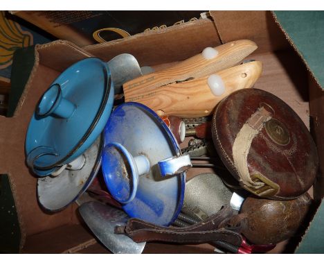 Chesterman Sheffield leather tape measure, enamel candle holders etc