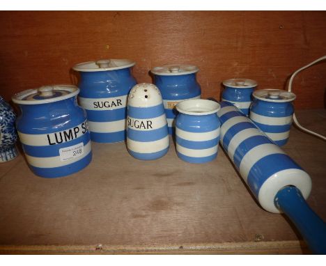 8 pieces of TG Green Cornishware inc canisters, sugar sifter, rolling pin etc