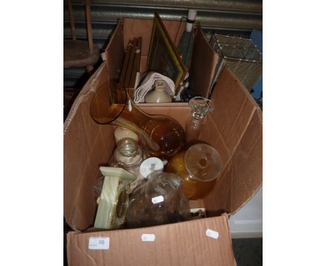 Selection of glass vases, carriage clock, pressed flower display etc