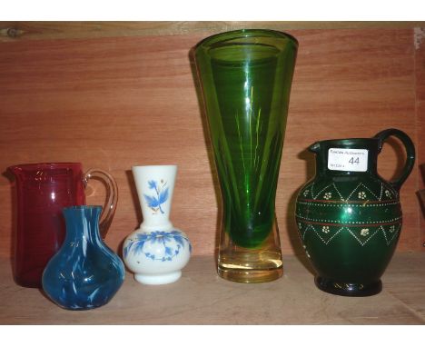 Cranberry jug with clear glass handle, Langham small squat vase, large green glass vase, green jug with hand painted enamel d