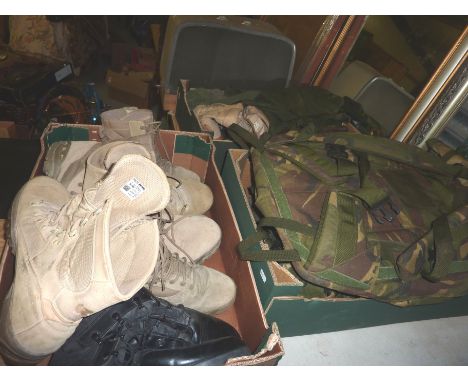3 boxes of army surplus, boots, clothes, rucksacks etc
