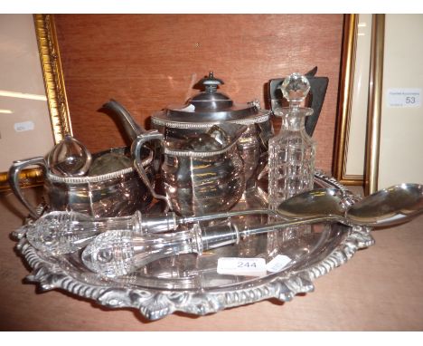 3 piece silver plated tea set, decanter stoppers, condiment bottle and some salad servers