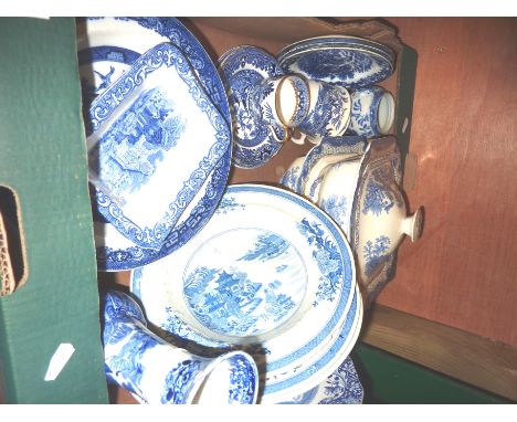 Box of blue and white ceramics inc Burleighware, Spode etc