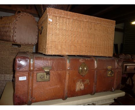 Wooden bound trunk and a wickerwork storage box
