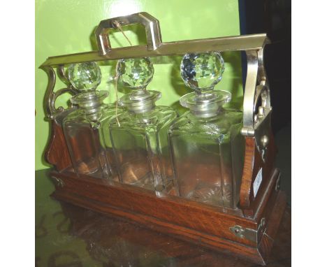 Oak and silver plated 3 decanter tantalus