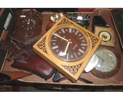 Cuckoo clock, mantle clock, Olympus OM10 camera etc