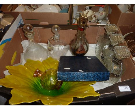 Large glass dish in the form of a flower, Bols decanter, 3 pressed glass decanters with spirit labels etc