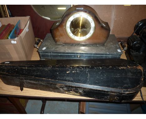 Bentimer 8 day mantle clock, violin case and a stainless steel hot plate
