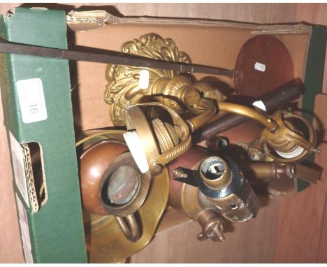 Brass wall sconce, brass blow lamp, small brass pan, copper jugs etc