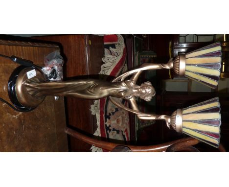 Bronzed twin branch Art Deco style table lamp on circular marble base