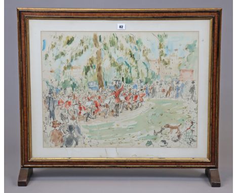 A walnut fire screen inset with a watercolour painting of bandsmen playing at a park band stand, signed Paul Renard(?) &amp; 
