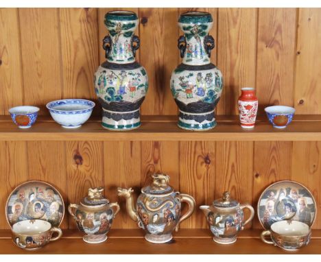 A pair of Chinese crackleware pottery ovoid vases of ivory ground &amp; with multi-coloured figure scene decoration, 25cm dia