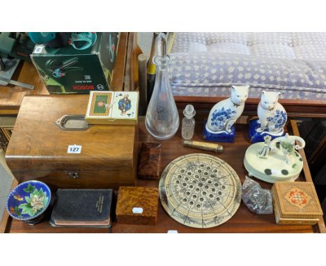 A Victorian walnut needlework box; together with three treen trinket boxes; a cloisonne small bowl; a glass decanter &amp; su