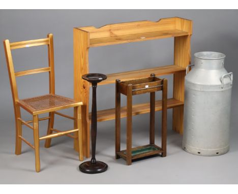 A pine three-tier standing open bookcase, 89.75cm wide x 91cm high x 20.5cm deep; together with a gold painted occasional cha