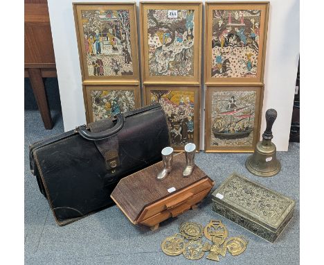 A bronzed handbell with a turned wooden handle, 25cm high; a silvered-metal rectangular trinket box with all-over embossed fo