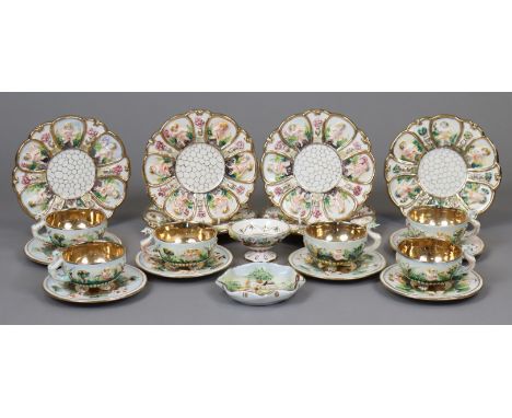 A set of six Capodimonte teacups &amp; saucers with raised figure &amp; animal design; a similar set of six side plates; &amp